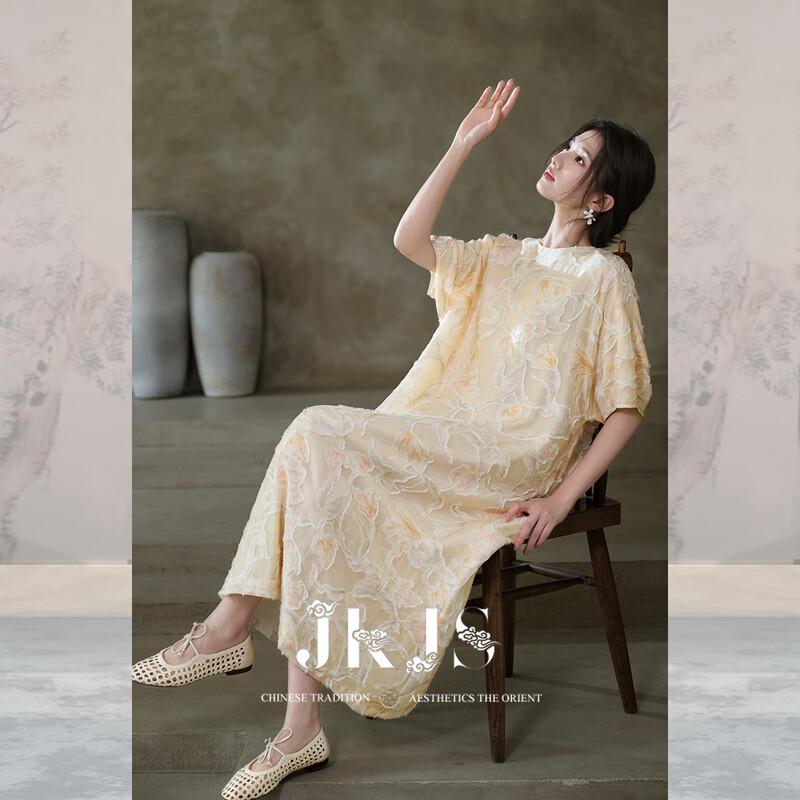 JK&JS New Chinese Style Floral Jacquard Loose Long Dress M