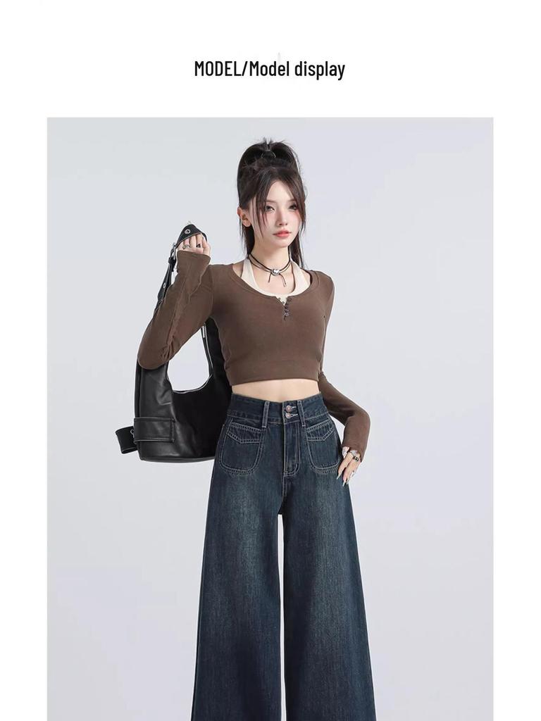 Autumn/Winter 2024 Women's High-Waisted Double-Button Wide-Leg Jeans - American Loose Straight-Fit Floor-Length Pants