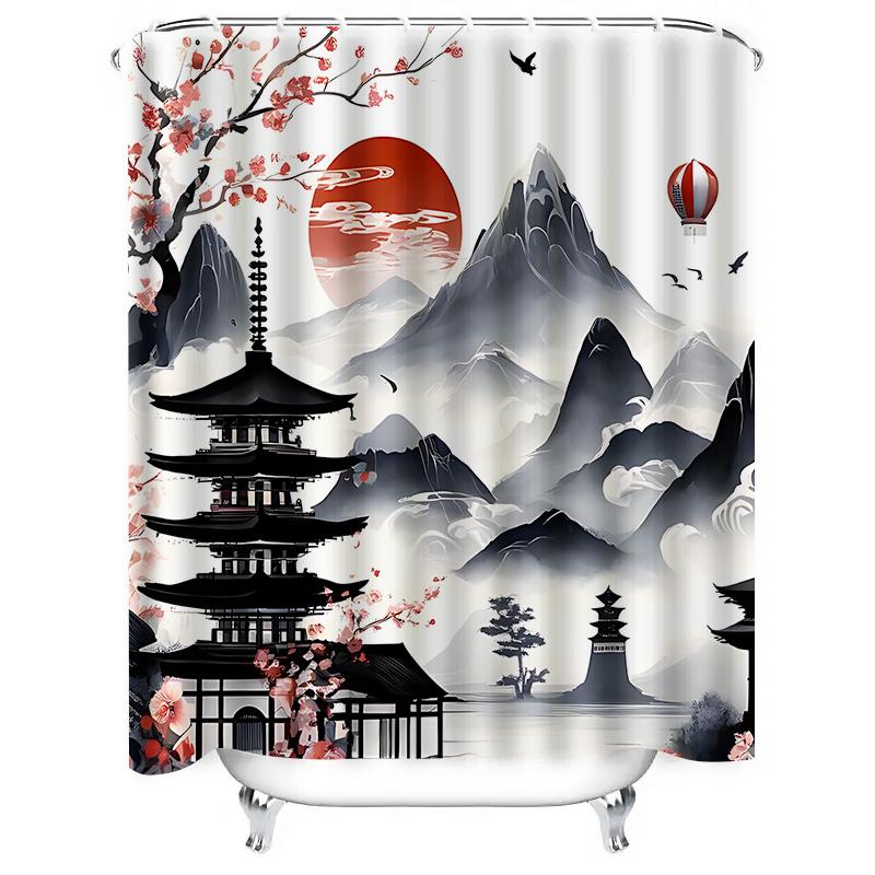 Elegant Japanese Landscape Shower Curtain - Artistic Mountain And Pagoda Design For Home Decor - Waterproof And Durable