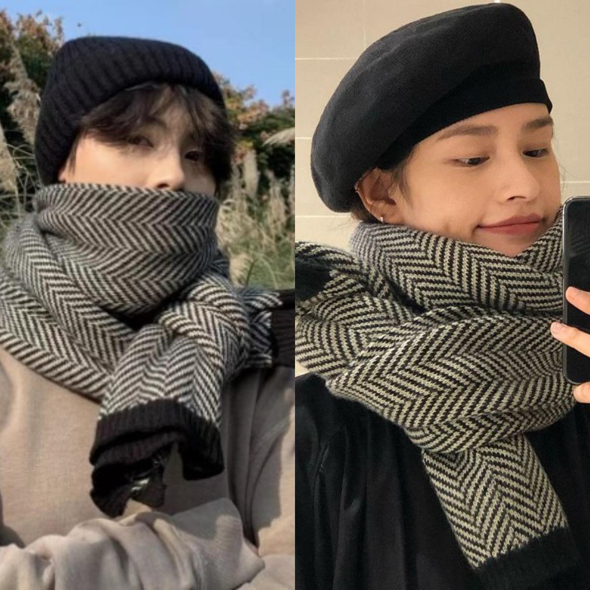 

Зимний мужской шарф с узором «елочка» для пар, универсальный вязаный шерстяной, теплый, утолщенный шарф с ромбовидным узором для защиты от холода