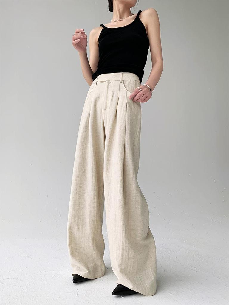 Women's Summer Wide-Leg Cotton Linen Trousers - Loose, Floor-Length, Casual Tencel Pants