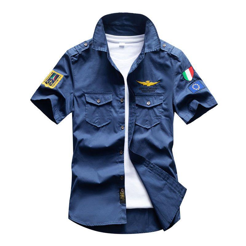 Men Pockets Shirts Summer Short Sleeve Shirt Casual Green Spring