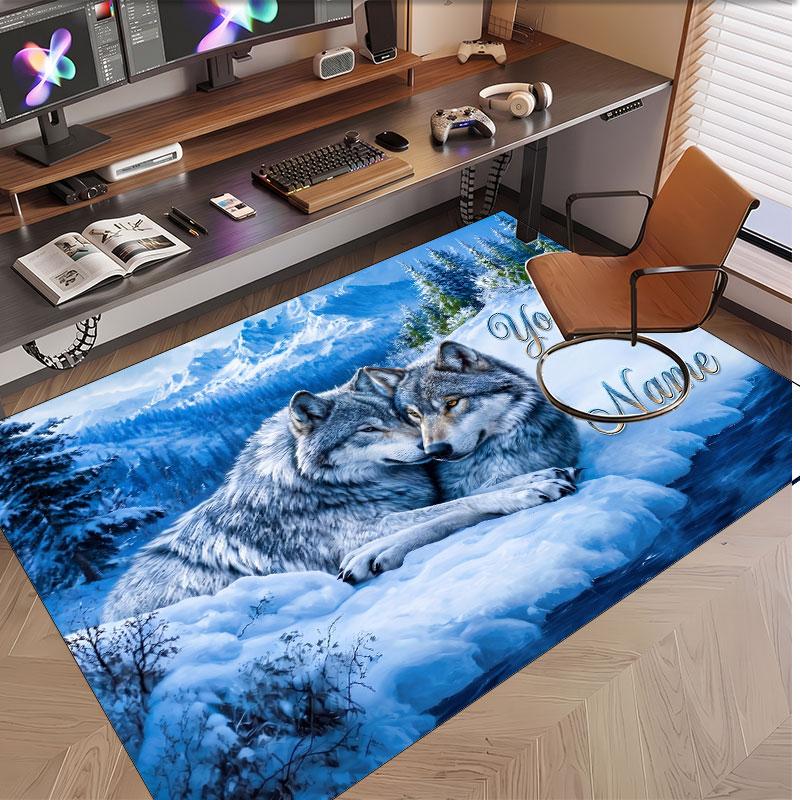Wolf Theme Soft Crystal Velvet Rug Custom Name & Text Print Non Slip Floor Rug for Bedroom Living Room