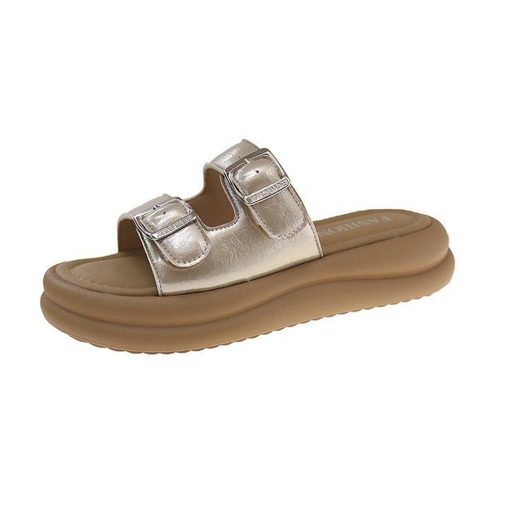 Thick-bottomed one-word slippers for women's summer wear 2025 new models with skirts French casual shit-stepping seaside beach sandals