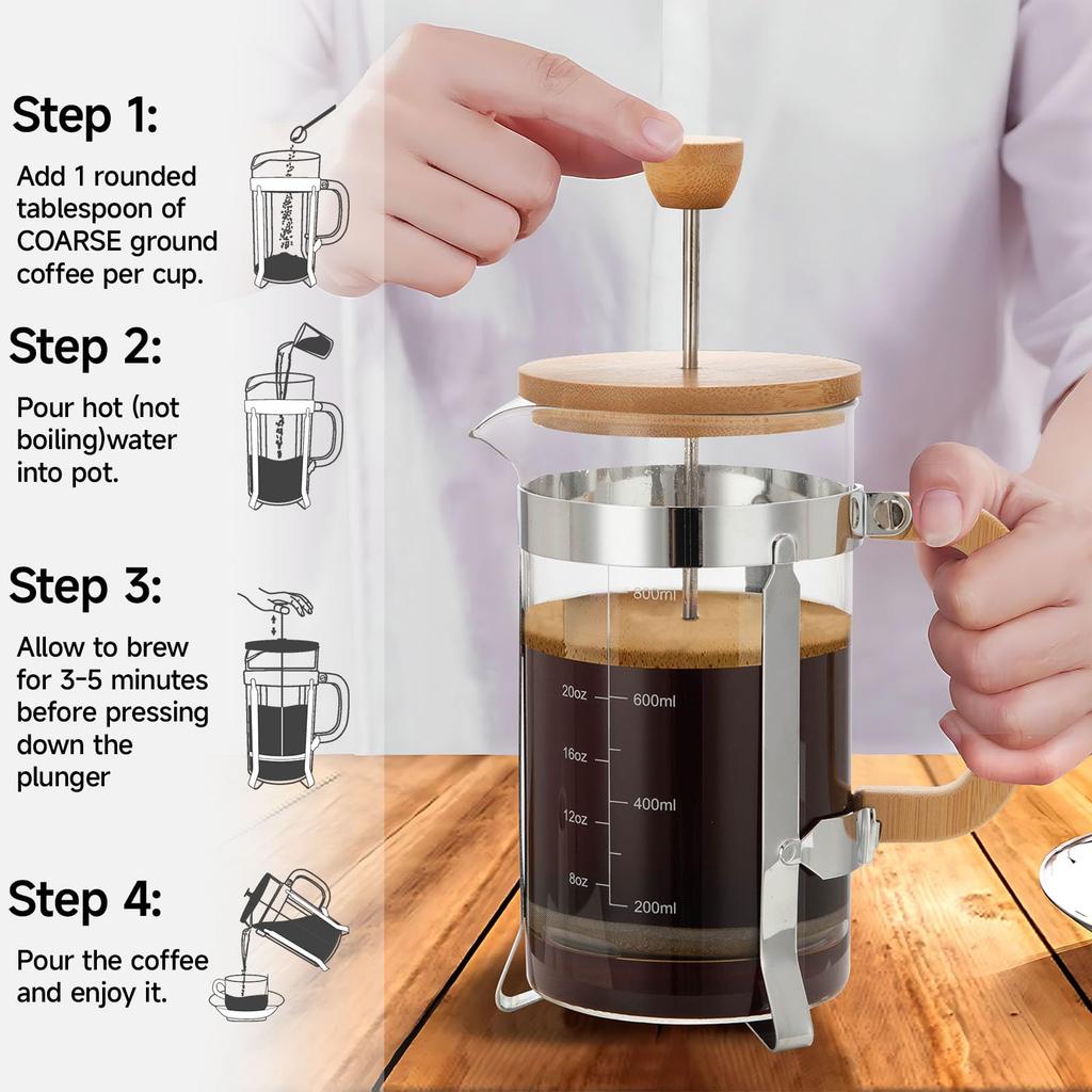350/600ml French Press Coffee Maker,Durable Bamboo Lid Handle Coffee Pot With Filter System,Heat Resistant BPA-Free Glass Teapot