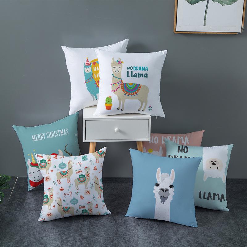 Ins Nordic Style Pillow Cover for Home Peach Skin Pillow Cartoon Animal Alpaca Car Pillow Sofa Cushion Cover