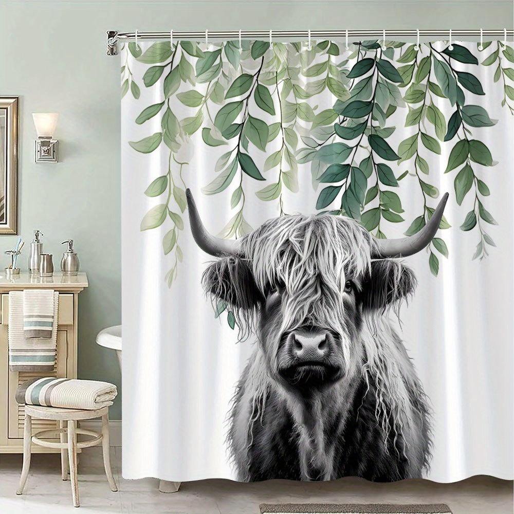 1 Highland Cow Green Leaf Shower Curtain Polyester Bathroom Decor Fluffy White Hair with Hook for Bathroom Decoration