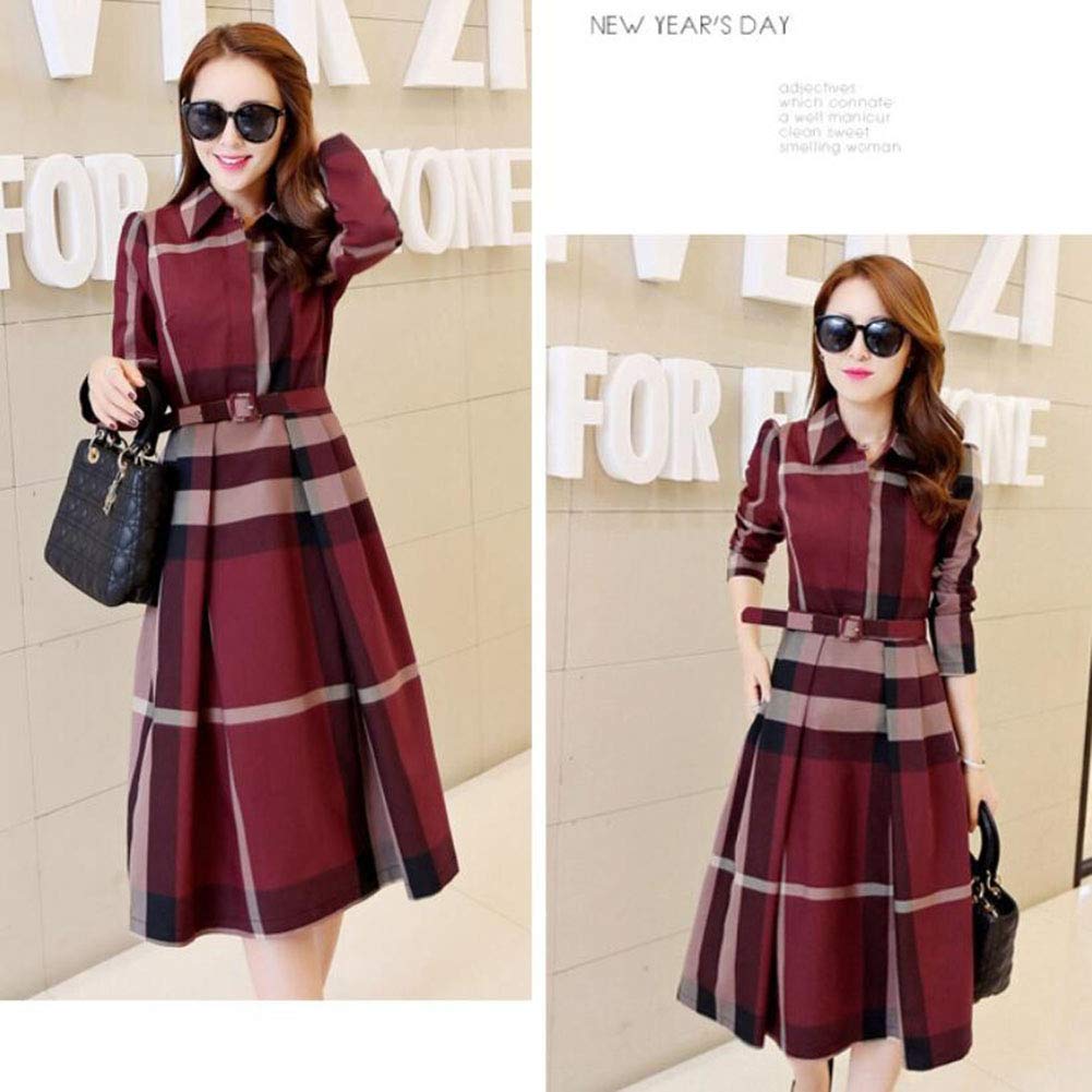 Yejocely Check Long Size L Women's Loose-Fit Dress, Cute, Long, Slit, Sexy, Flattering, Sleeves, Simple, Stylish, Autumn/Winter, Red,