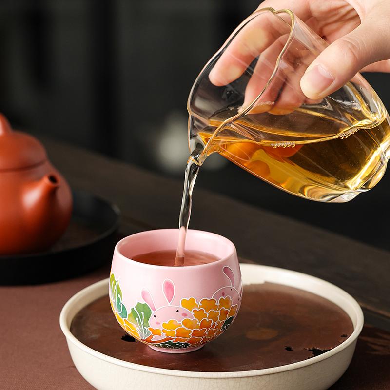 2pcs 80ml Pink Ru Yao Cute Rabbit Chinese Tea Cup Ru Kiln Ceramic Opening Beautiful Teacup Flowers Teaware Tea Tasting Cup