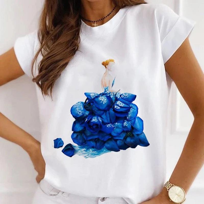 Módní kreativní 3D Rose Flower Grafika Dámské Tričko Letní halenka 90S Volný Trička s krátkým rukávem Bílý výstřih do O Dámské topy Oblečení