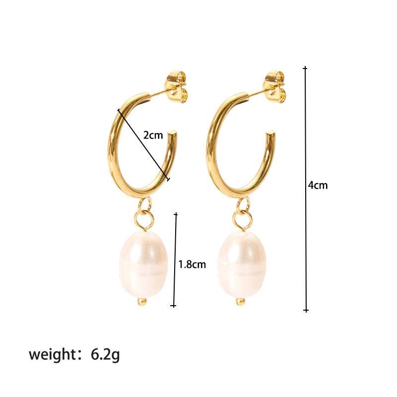 Pearl Drop Earrings For Women Gold Color Stainless Steel Freshwater Pearl Hoop Ear Accessory