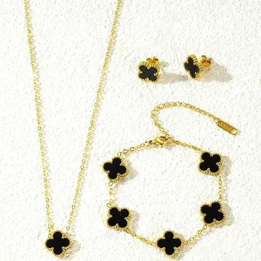 Ensemble de bijoux trèfle à quatre feuilles doré 13 mm: Bracelet, Collier, Boucles d'oreilles - Style Classique Haut de Gamme
