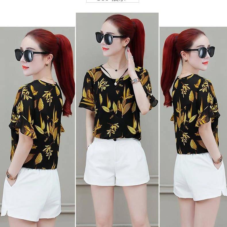 Floral Printing Chiffon Shirt Women's Short Sleeves Blouse Summer New Korean Loose Fashion Bottoming Top M-4XL