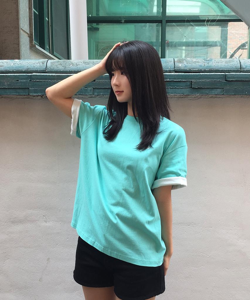 AWESOME STUDIO Color Block Roll-Up Sleeve T-Shirt Pistachio