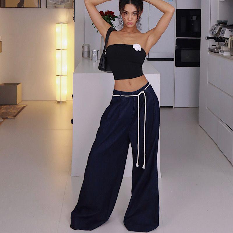 Akiyo Studio Western Style Gyaru Retro Wide Leg Contrast Color Ribbon Jeans Slimming Trousers Foot Covering Lace