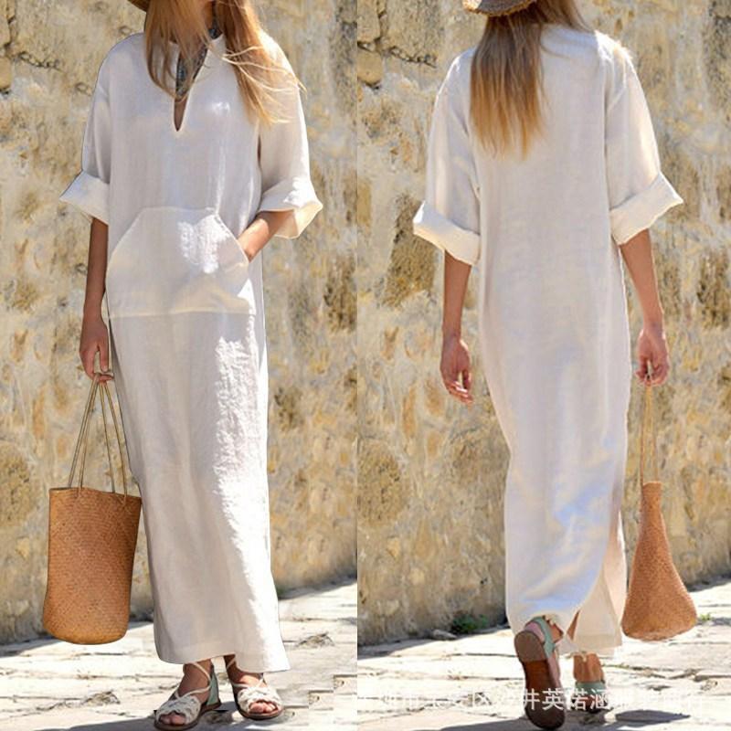 

Women s V-Neck Large Size Medium Sleeve Long Skirt Wind Dress Commuter Irregular Skirt M