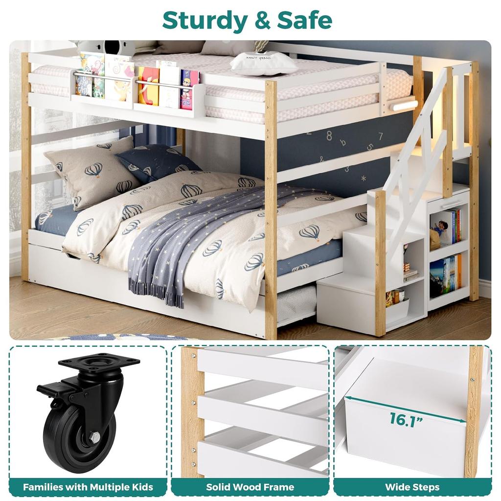 Full Over Full Bunk Bed Trundle Storage Stairs Wood Foldable Desk No Box Spring Kids Teens Adults, Customized