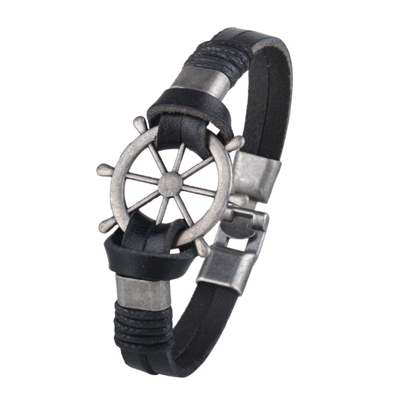 Retro Punk Leather Bracelet for Men Anchor Rudder Naval Jewelry Multi Layer Fashion Gift