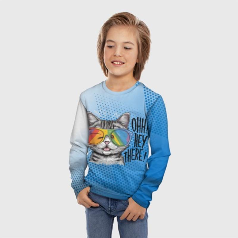 Children's Cartoon Animal Kitten Print Pigment Print T-shirt Boys Cute Long Sleeved Soft Comfortable Top