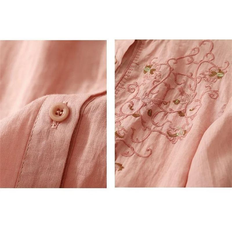 Literary Floral Embroidery Women O Neck Linen Long Shirts Loose Summer Blouses Sum Protection Casual