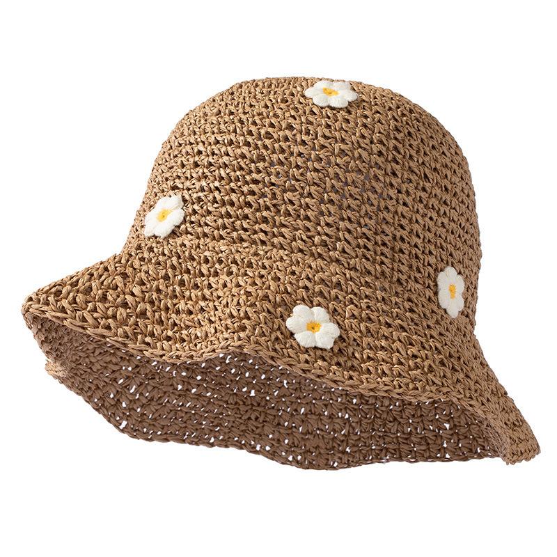 Chapeau de soleil bleu floral doux et mignon pour femmes, à large bord, protection solaire pour la plage, bob frais et tendance One size fits all chameau
