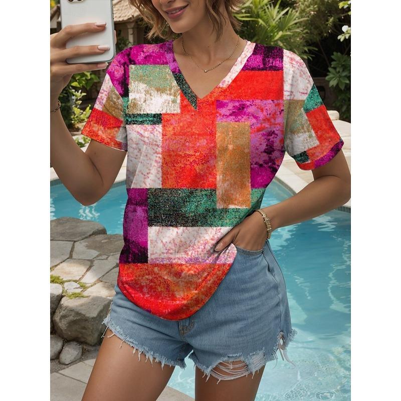 Women's T-Shirts Geometric Color Blocks Graphics Fashion Short Sleeved V-Neck Regular Tops Daily Prints Tee Summer Casual Tops