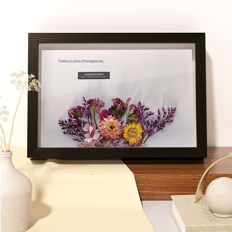 Wooden 3D Wall and Tabletop Photo Frame with Hollow Design, Dried Flower, and Butterfly Specimen.
