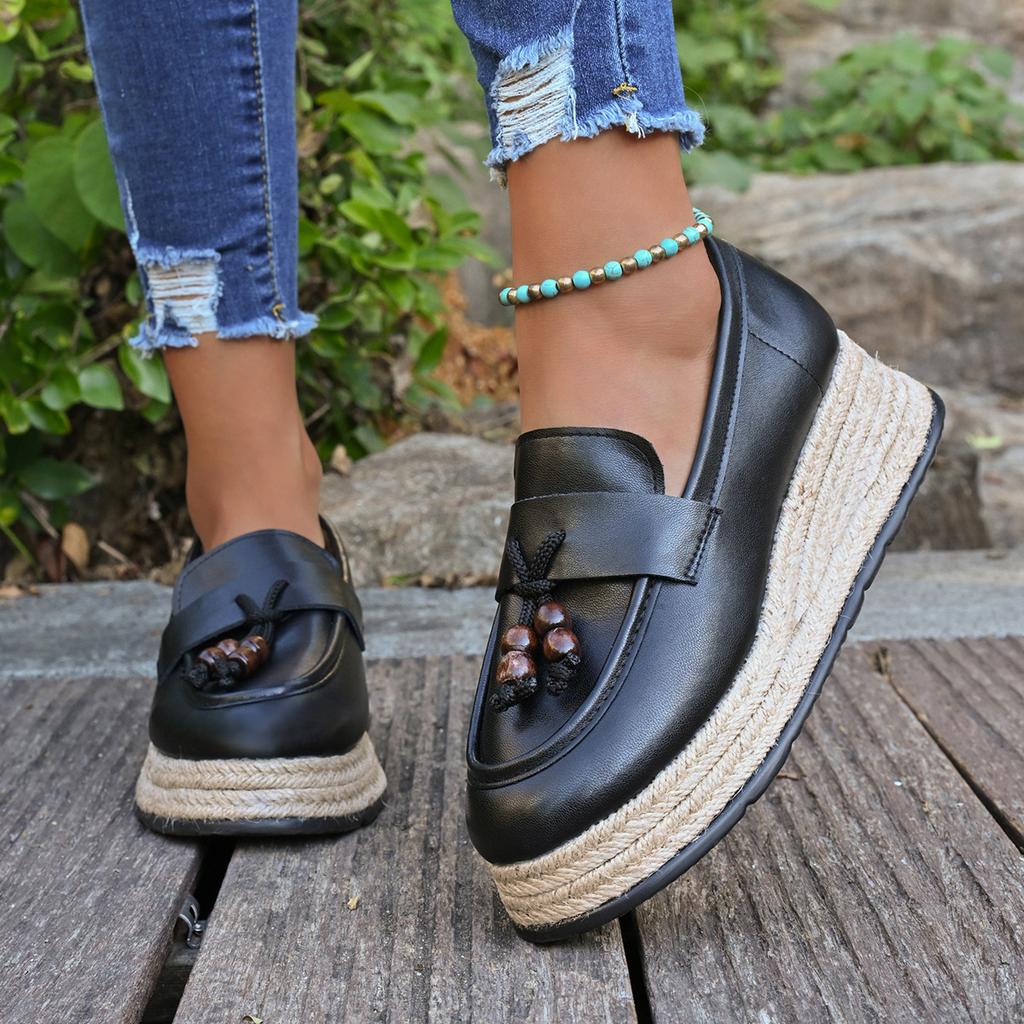 2025 new foreign trade 2025 hemp rope sole sponge cake wedge heel fringed decorative single shoes large size loafers