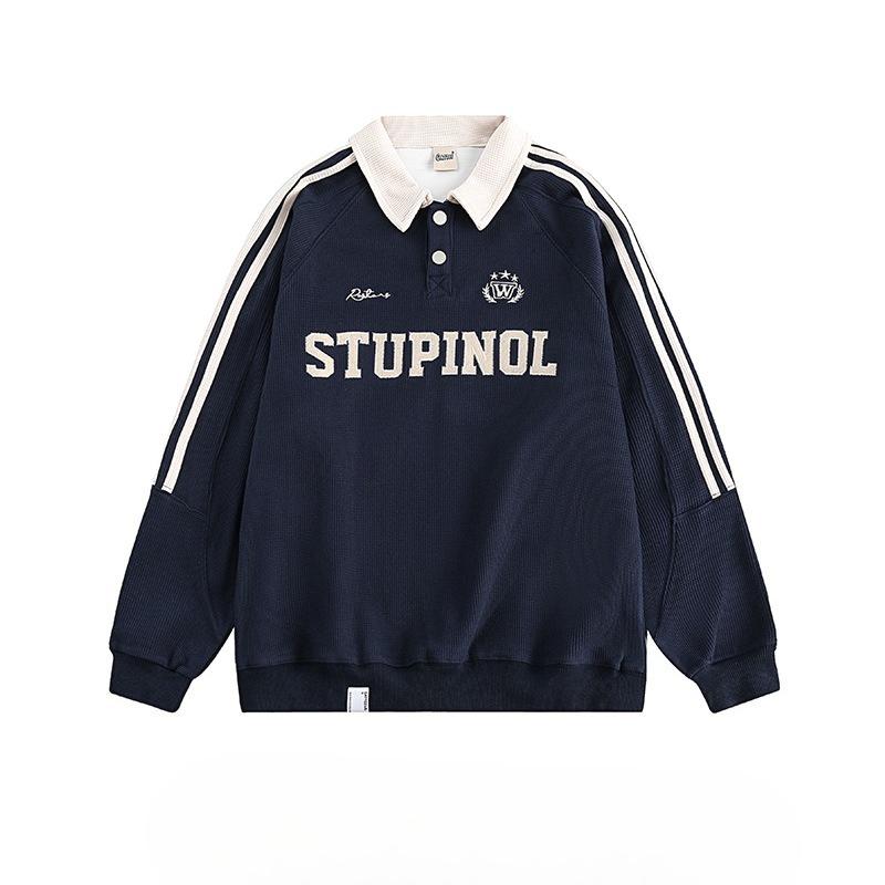 Vintage College Waffle American Style Polo Collar Hoodie Women Loose Casual Couple Stripe Raglan Sleeve Top