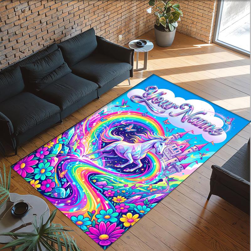 Alfombra de Suelo de Terciopelo de Cristal con Temática de Unicornio, Alfombra Cálida Personalizada con Nombre y Texto, Decoración del Hogar
