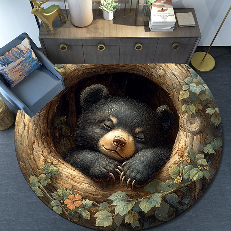Bear Cub Round Area Rug,Carpet Rug for Living Room Bedroom Sofa Playroom Decor,Non-slip Floor Mat