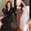 Knitted Single-breasted Dress Women's Spring New Retro Waist and Thin Temperament V-neck Long Dress Tide