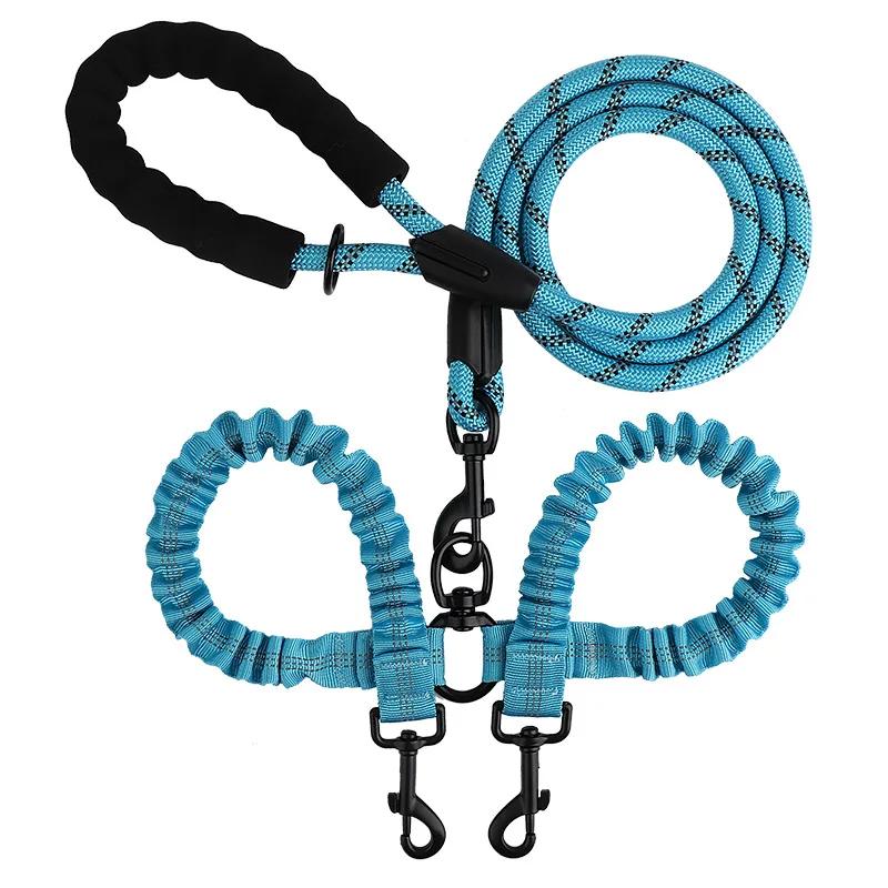 Neue Doppelkopf-Haustier-Schleppleine Eins Ziehen Zwei Nachtreflexion Anti-Verwicklung Elastisches Nylon Spaziergang Hund Leine Zubehör