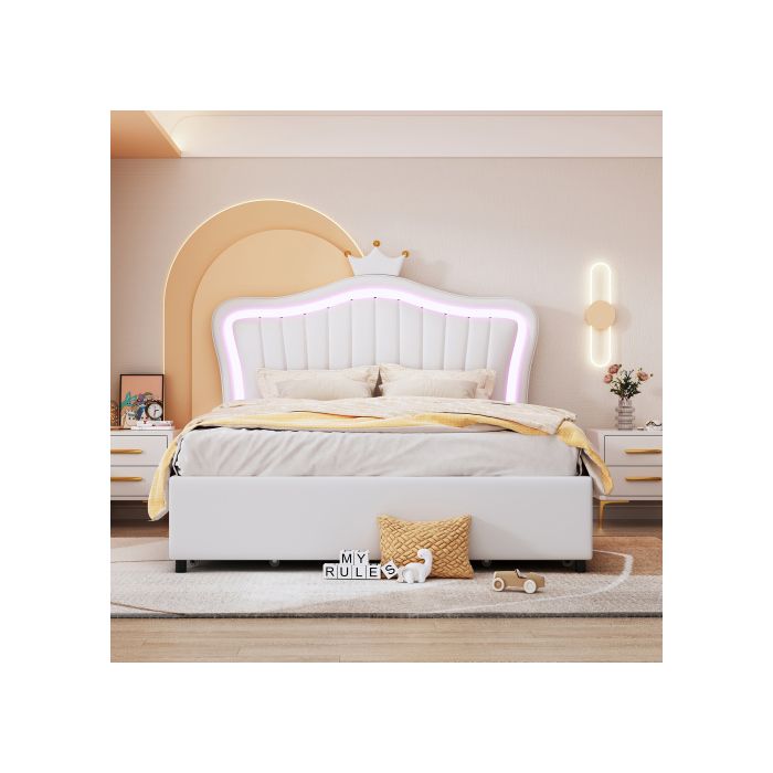 Lit Enfant - MUVOE - 140 X 200 Cm - Similicuir Blanc - Tiroirs De Rangement - Éclairage LED