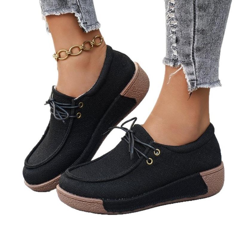 Women Plus Size Canvas Platform Loafers Winter European American Style Lace Up Casual Rocker Shoes