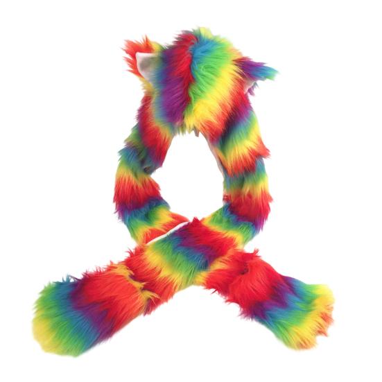 Women Hat Rainbow Color Imitation Fur 3 in 1 Hat Scarf Gloves Winter Warm Hat Home Outdoor Work Street Wear