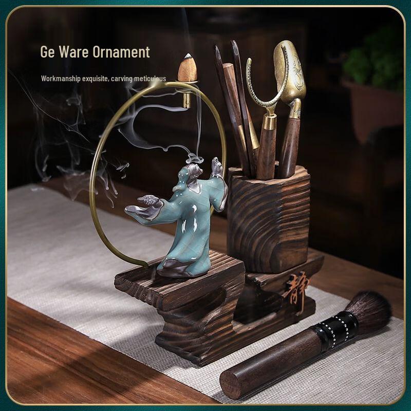 Ebony Tea Ceremony Six Gentlemen Set with Zen Monk Incense Burner