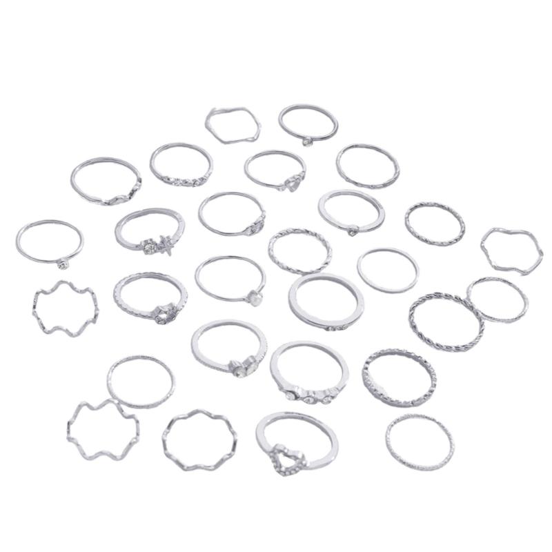 28 Pieces Love Heart Waving Rings Set Featuring Elegant Designs and Stylish Rhinestones for Fashionable Women Wear
