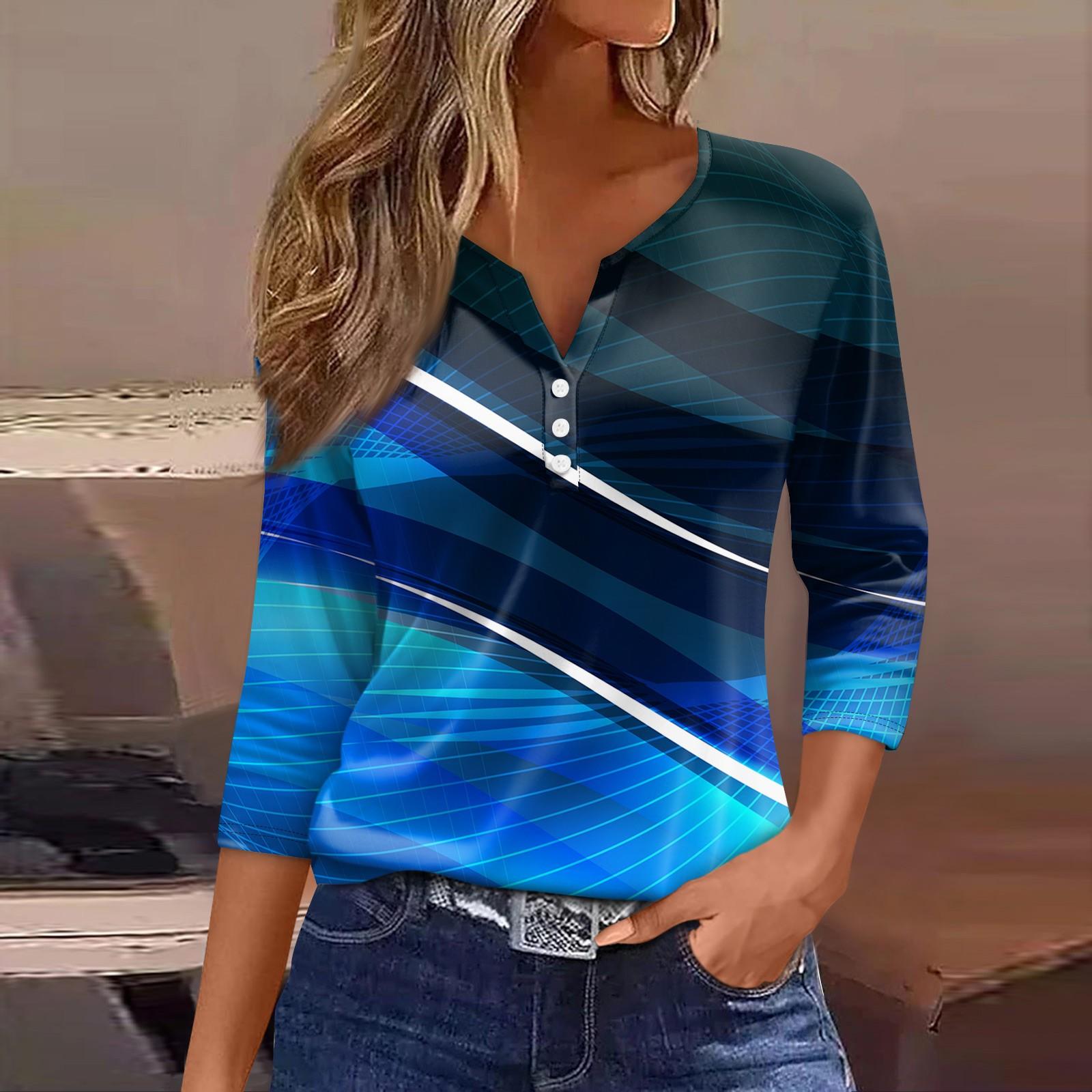 

Жен. Футболка Футболка С принтом Пуговицы Рукав 3/4 Повседневные Выходные Мода Классический V-образный вырез Обычный Топ XXL синий