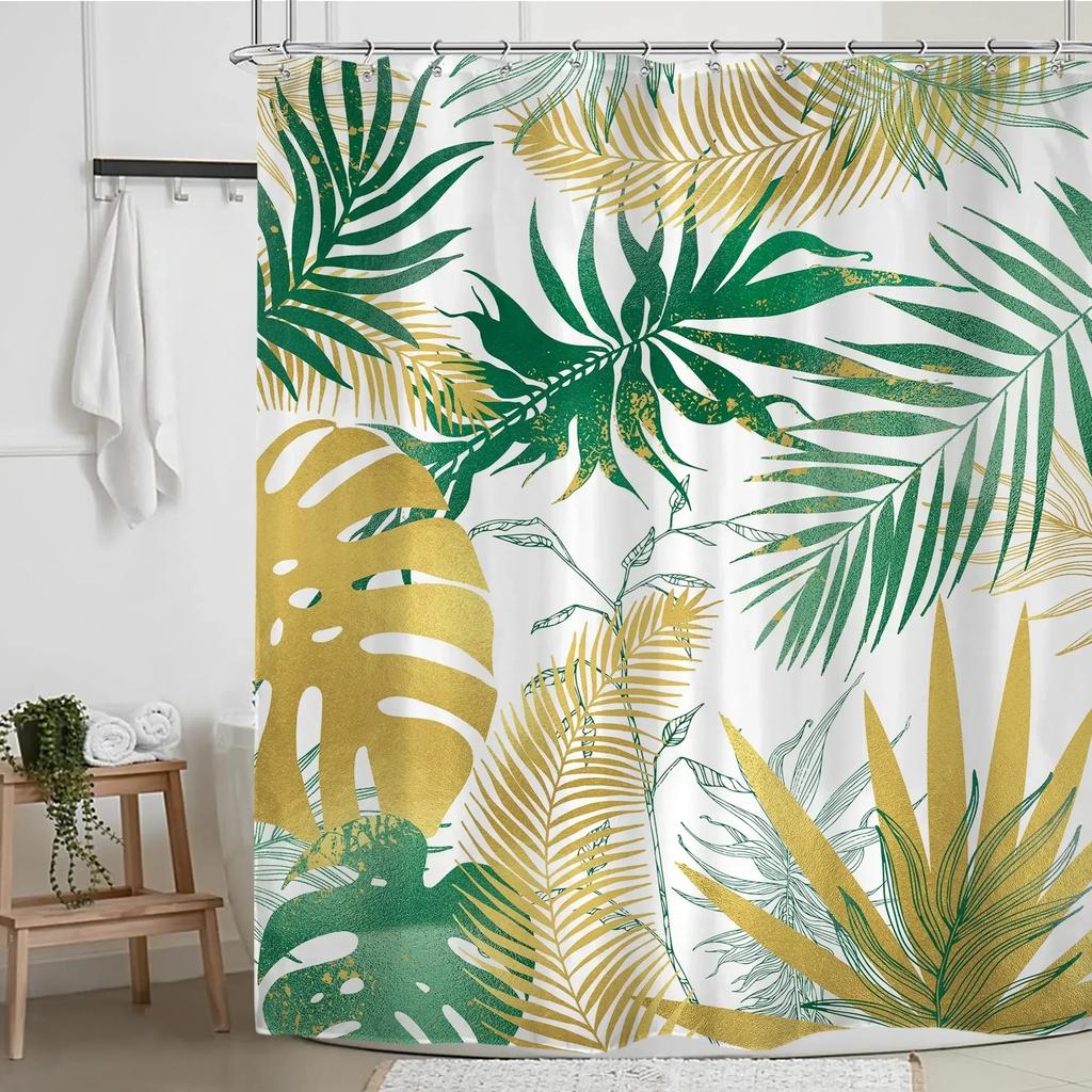 Green Hawaii Tropical Shower Curtain Green Gold Tropical Leaves Plant Fabric Bathroom Curtain Botanical Jungle Bath Curtain Set