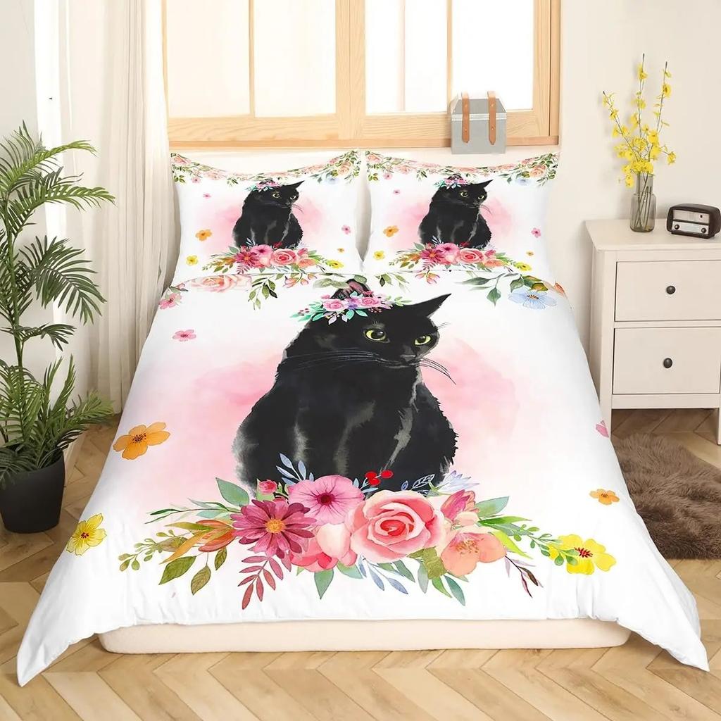 Cartoon Black Cat Duvet Cover Watercolor Flower Bedding Set Pet Animals Botanical Comforter Cover Romantic Rustic Quilt Cover
