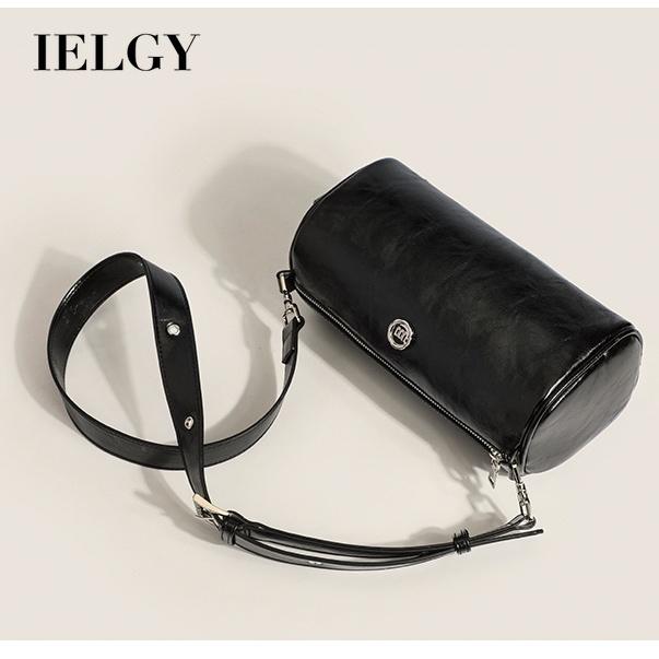 IELGY simple oil wax leather solid color cylindrical women's bag, versatile soft surface small round bag, shoulder messenger bag