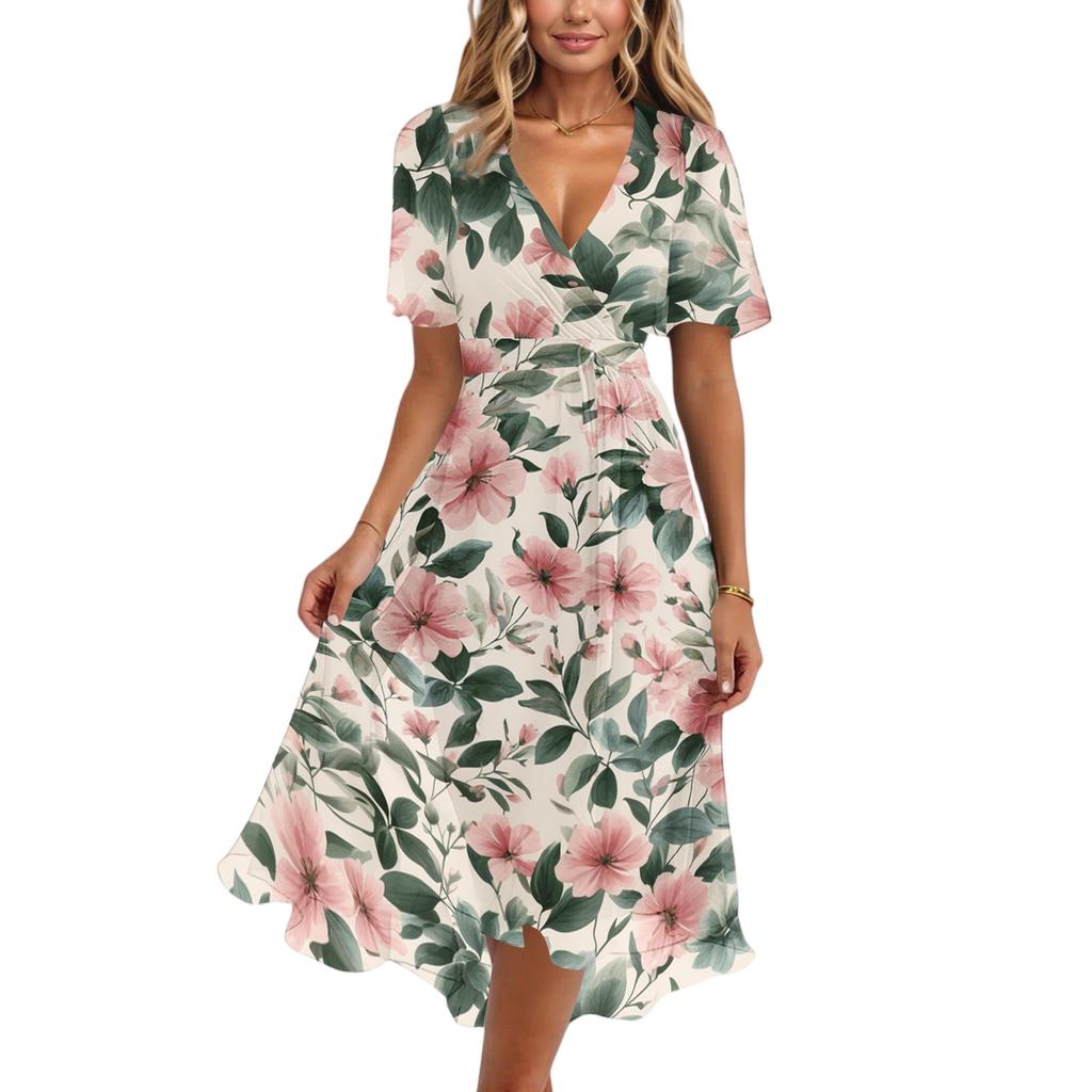Women's Casual V Neck Short Sleeve Floral Print Dress Lightweight Midi Length Summer Dress with Wrap Style and Flared Hem