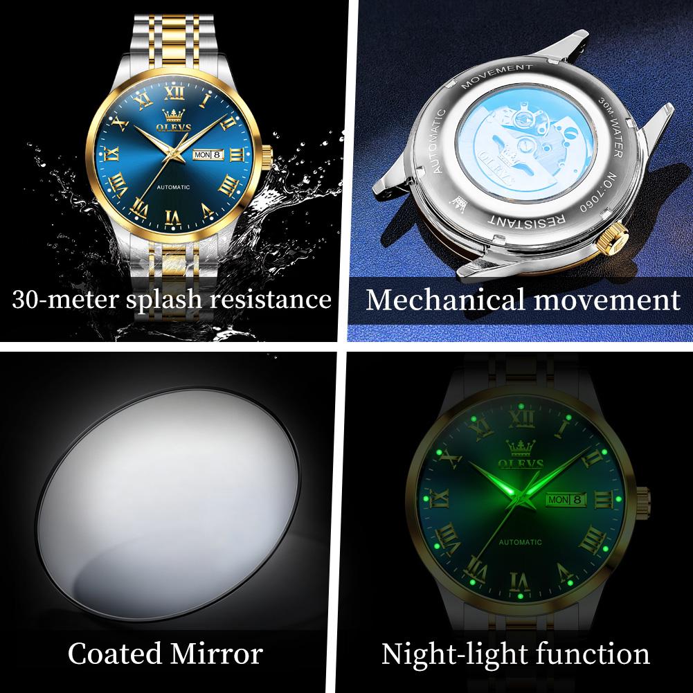 OLEVS Men's Watches Luxury Business Fine Steel Roman Scale Original Automatic Mechanical Wristwatch for Man Waterproof Luminous
