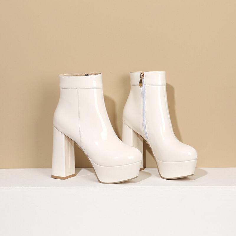 Jasná lakovaná kůže Růžové červené boty Ženy Robustní podpatky Platforma Goth boty Růžová Béžová Boty na vysokém podpatku 43