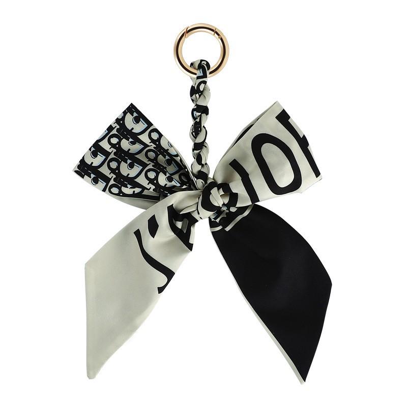 Luxury Blue Silk Scarf Bow Handbag and Car Keychain Pendant with D Letter