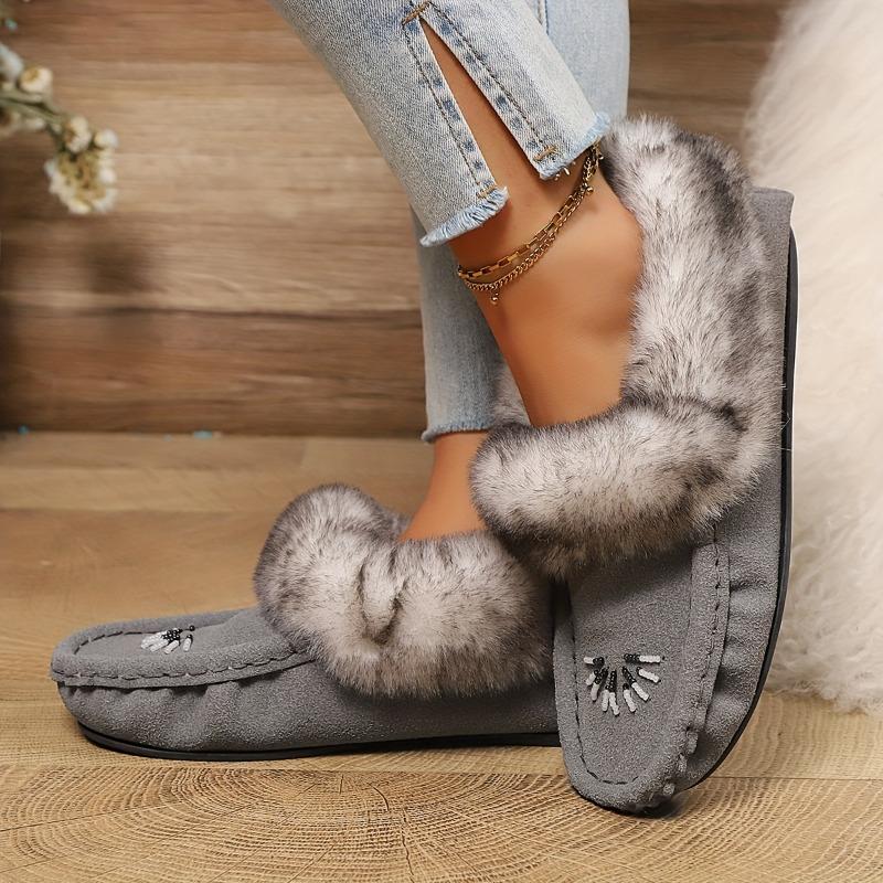 Women's Faux Fur Slippers - All-Season Cozy Moccasins with Petal & Leaf-like Embellishment, Soft TPR Sole & Faux Cover-like Upper, Beige