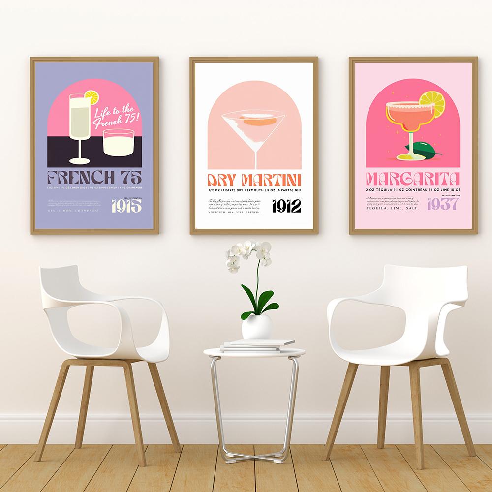 Vintage Manhattan Cocktail Art Prints Drinking Dry Martini Poster Margarita Gin Basil Smash Kitchen Bar Club Wall Decor Pictures