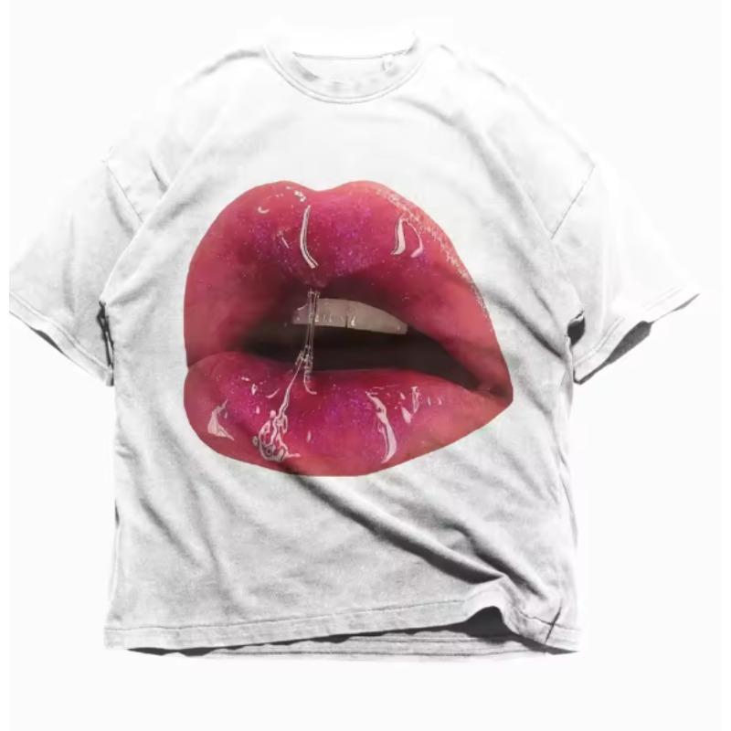 Vintage Trend Dámské Letní Bavlněné Tričko s Krátkým Rukávem Unisex Y2K Potisk s Rty Neformální Kulatý Výstřih Streetwear Top s Krátkým Rukávem