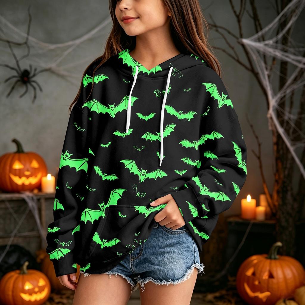 Kids Casual Hooded Sweatshirt with Halloween Print Pullover for Daily Wear